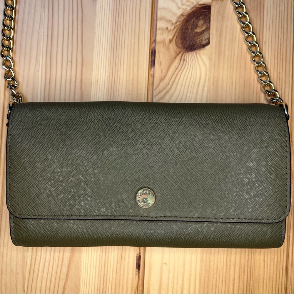 Michael Kors Jet Set Travel Wallet on a Chain Olive Green